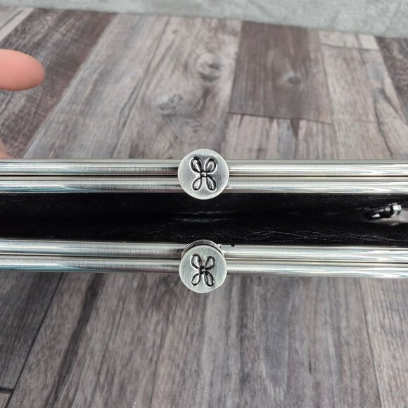 HOBO Lauren Wallet Clutch Embossed Black Leather Floral Lined Kiss Lock Fold New - Picture 8 of 14